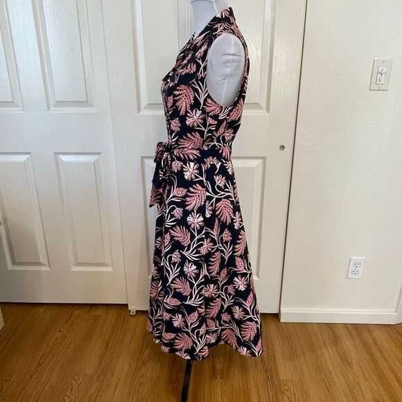 Banana Republic Navy Blue Coral Floral Midi Button Down Tie Waist Sleeveless Shi - Picture 2 of 10